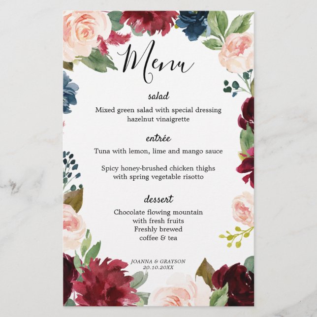 Burgundy Blush Navy Blue Botanical Mariage Menu (Devant)