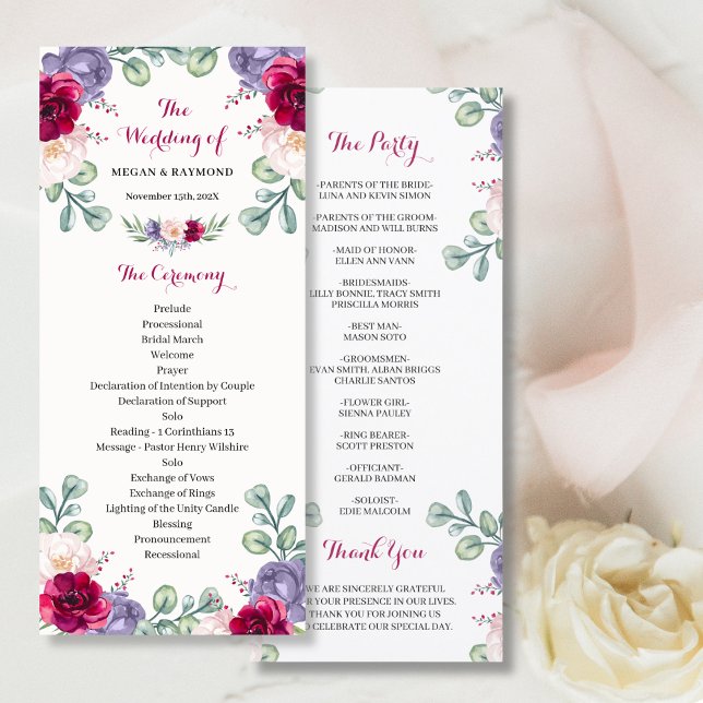 Burgundy Blush Navy Fleurit Floral Wedding Program (Créateur téléchargé)