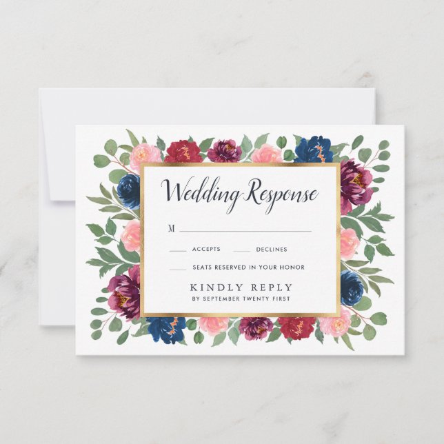 Burgundy Blush Navy Marsala Gold Wedding Carte RSV (Devant)