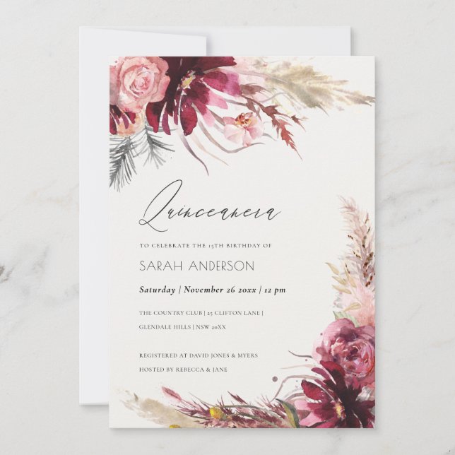 Burgundy Blush Pampas Grass Quinceanera Invitation (Devant)