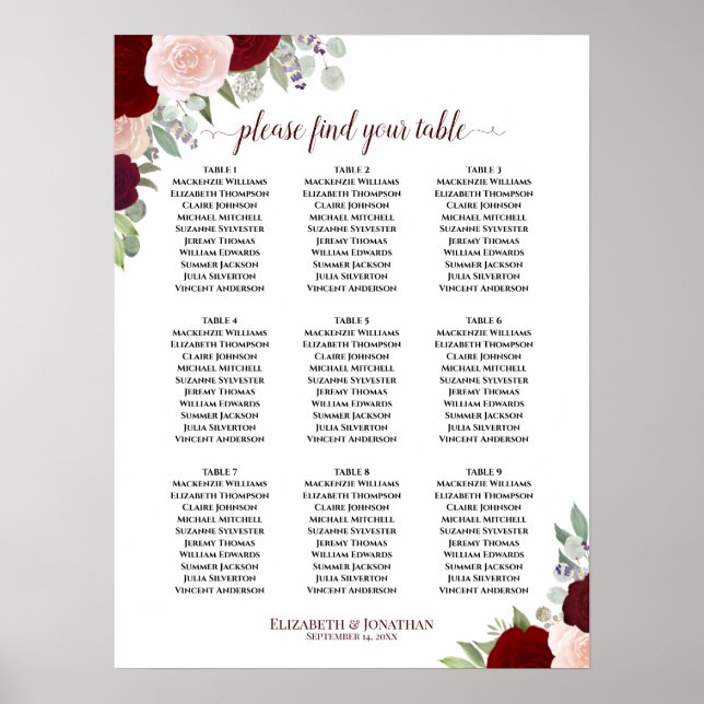 Burgundy Blush Rose 9 Tableau Mariage de table (Devant)
