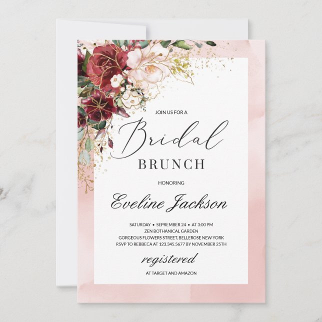 Burgundy Blush rose Floral Invitation Brunch (Devant)