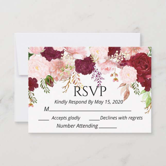 Burgundy Blush Rose Floral RSVP mariage Aquarelle (Devant)