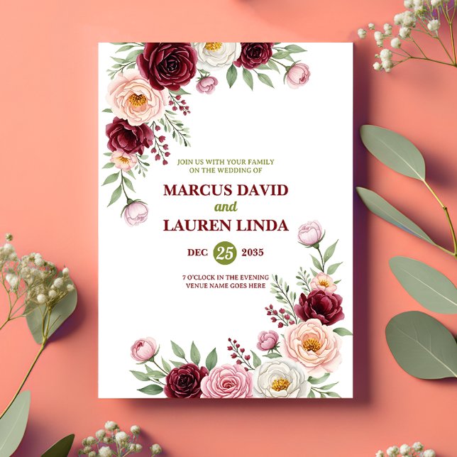 Burgundy Blush Wildflower Wedding Invitation Card (Créateur téléchargé)