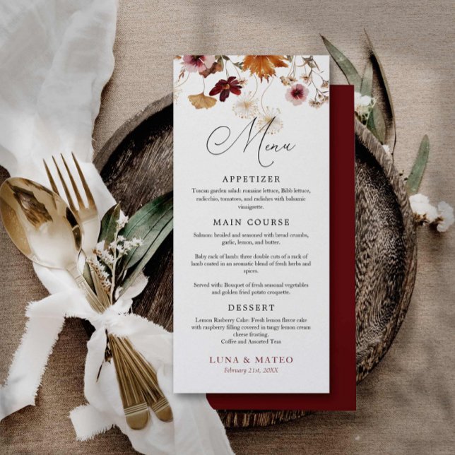 Burgundy Boho Fall Floral Mariage Menu (Boho Burgundy Floral Menu Card)