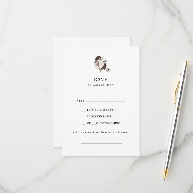 Burgundy Boho Floral Demande de Chanson RSVP Card (Devant/Arrière en situation)