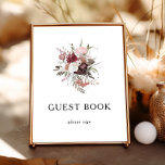 Burgundy Boho Floral Livre d'or<br><div class="desc">Ce panneau de livres d'hôtes bordeaux à fleurs est parfait pour votre élégant mariage d'été bohème. Fleurs d'aquarelle rose poussiéreuses,  verdure foncée,  touches de pivoine,  papillon et rose vif,  voilà ce que vous recherchez.</div>