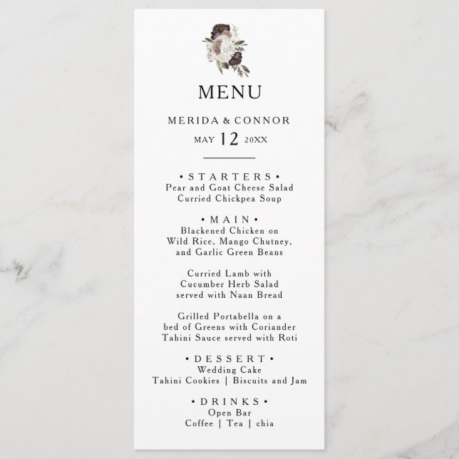 Burgundy Boho Floral Mariage Diner Menu (Devant)