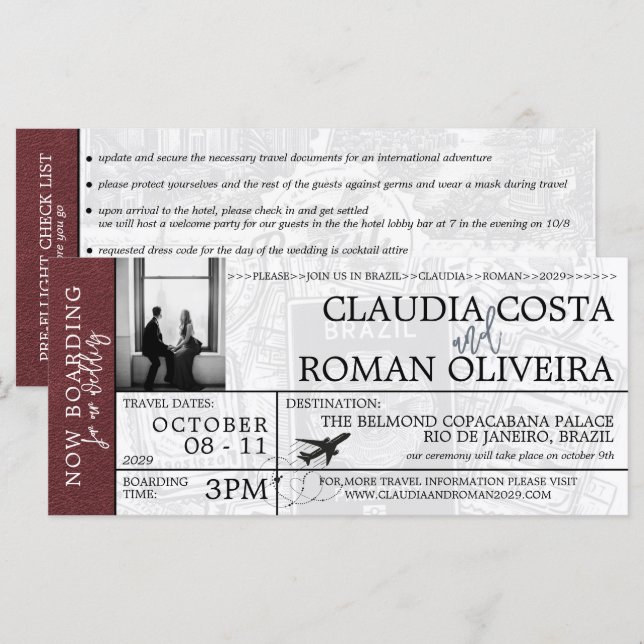 Burgundy Brésil Mariage Boarding Pass Invitation (Devant / Derrière)