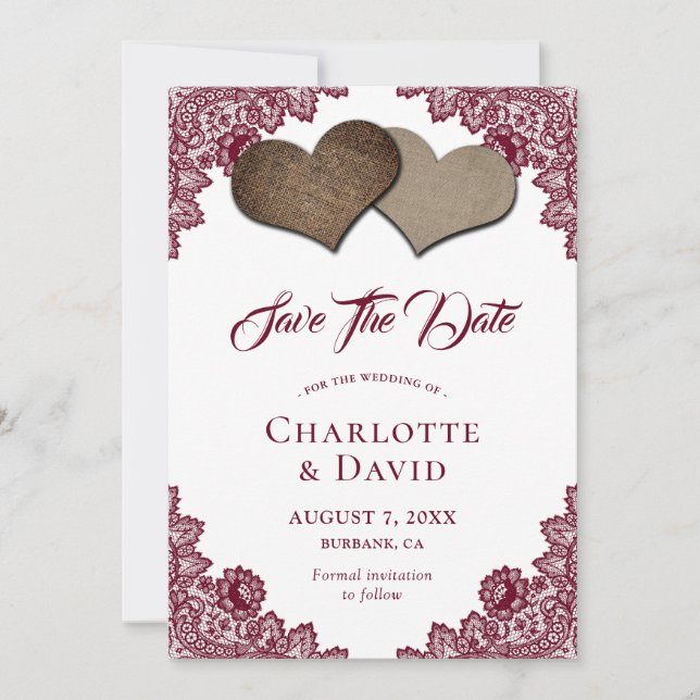 Burgundy Burlap Lace Wedding Enregistrer La Carte  (Devant)