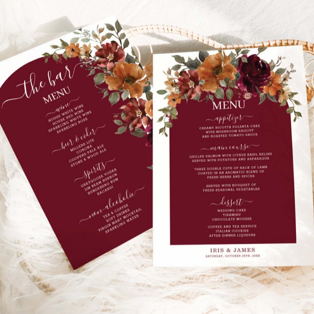 Burgundy Burnt Orange Floral Menu Mariage (Créateur téléchargé)