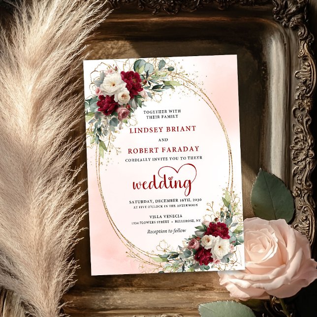 Burgundy Chic Bohemian Floral Wedding Invitation (Burgundy Chic Bohemian Floral Wedding Invitation)