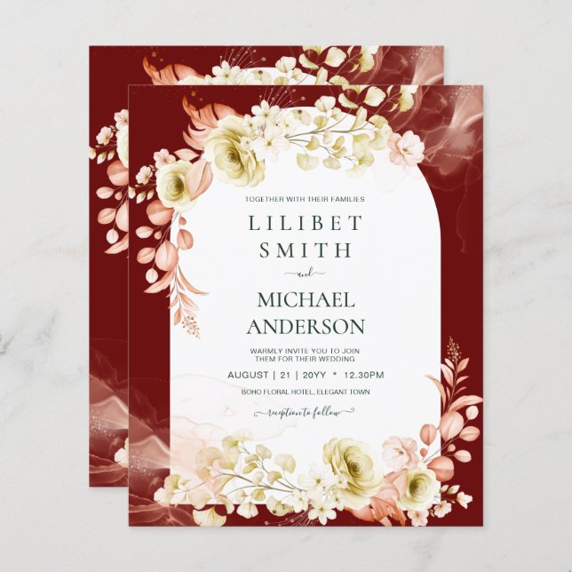 Burgundy Coral Floral Boho Mariage Invitation (Devant / Derrière)