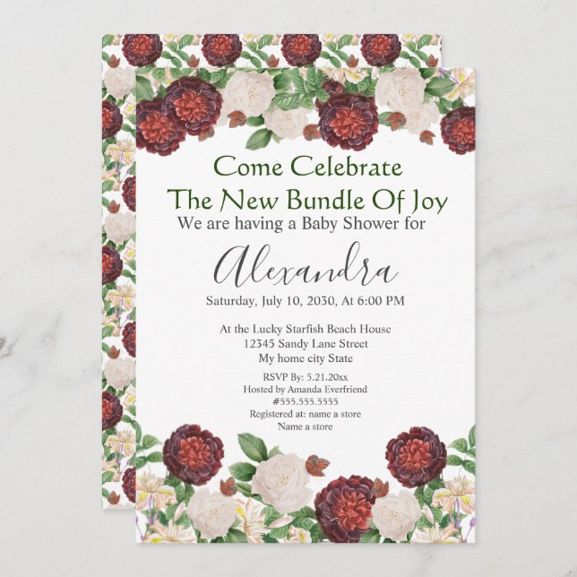 Burgundy Cream Rose Floral Baby shower invitation (Devant / Derrière)