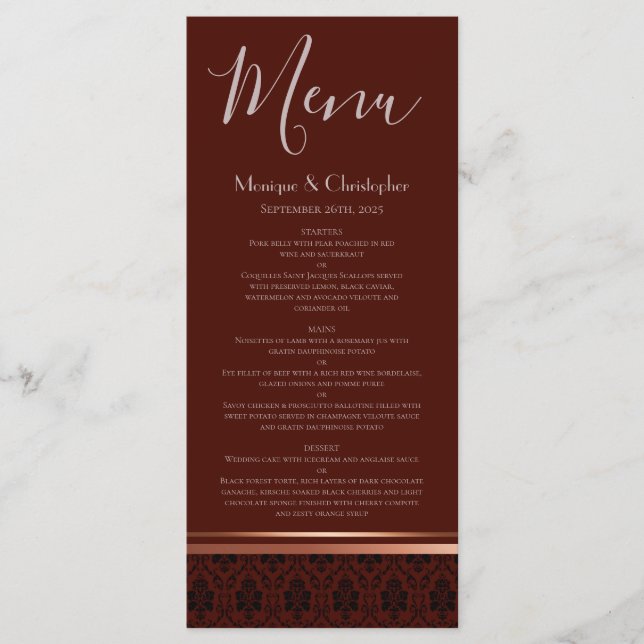 Burgundy Damask Rose Gold Trim Mariage Menu (Devant)