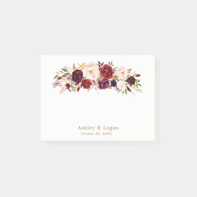 Burgundy Elegant Floral Gold Mariage Post-it Notes (Devant)