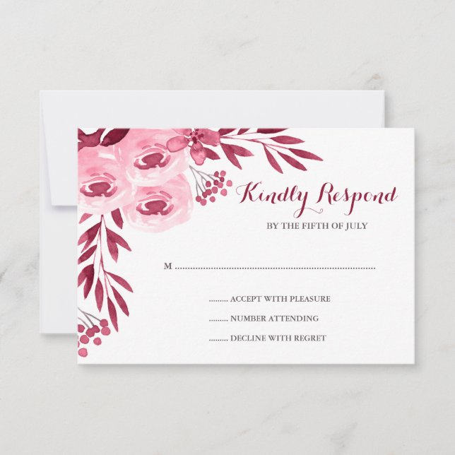 Burgundy et Blush Aquarelle Mariage floral RSVP (Devant)