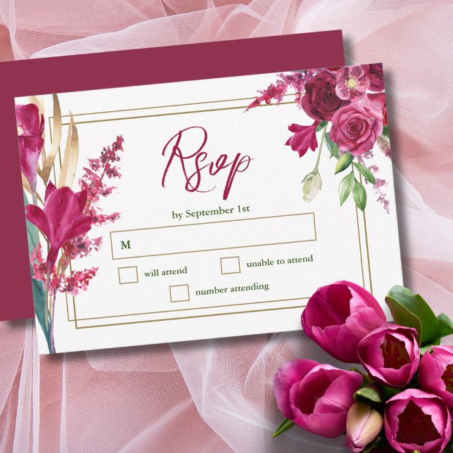 Burgundy et Gold Bloom Garden Wedding Carte RSVP (Créateur téléchargé)