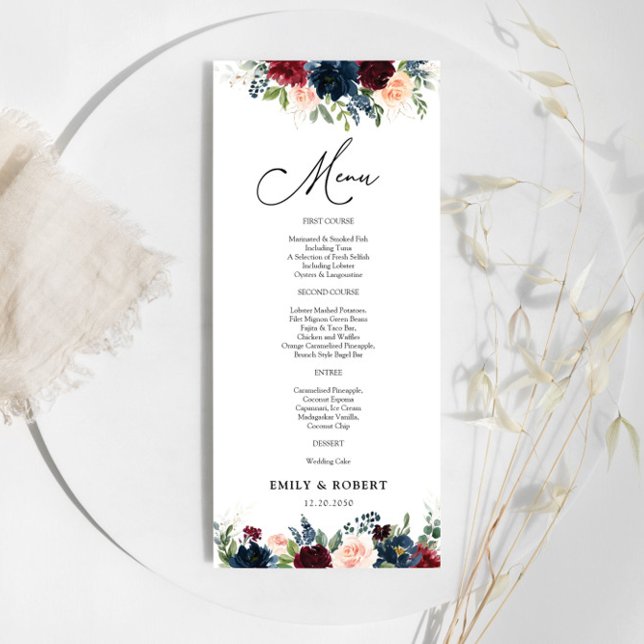 Burgundy et Marine Floral Mariage Ceremony Menu (Créateur téléchargé)