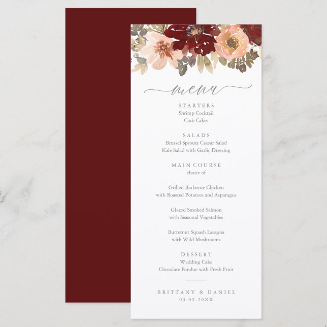 Burgundy et Peach Floral Menu Mariage (Devant / Derrière)