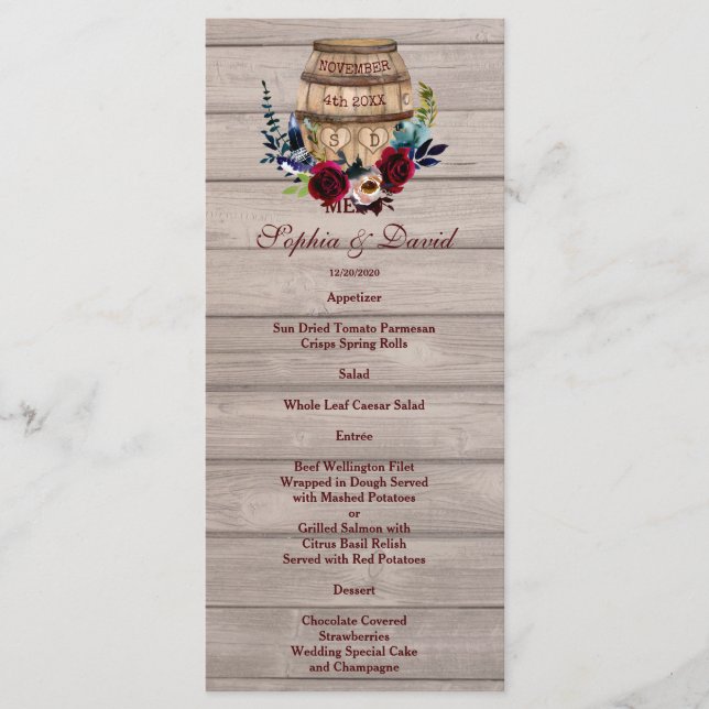 Burgundy Floral Barrel Mariage de automne Menu (Devant)