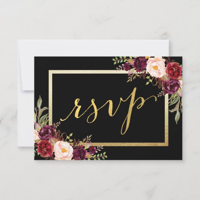 Burgundy Floral Black Gold Script Wedding RSVP (Devant)