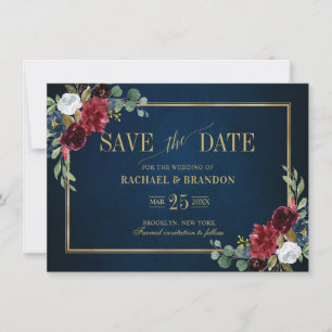 Burgundy Floral Bleu Nuit Cadre Or Save the Date