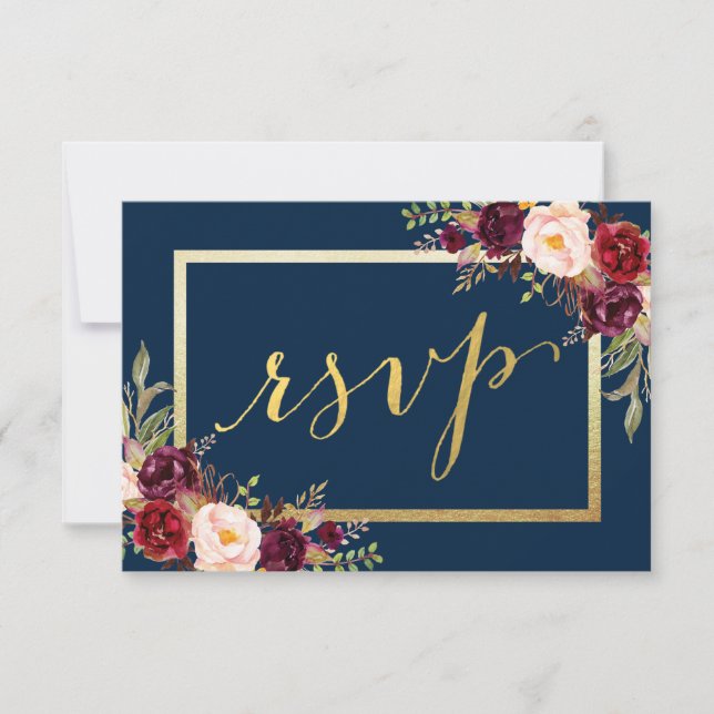 Burgundy Floral Bleu Or Script Mariage RSVP (Devant)