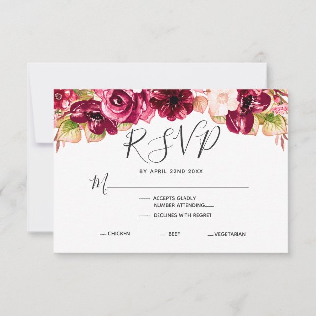 Burgundy Floral Drop Mariage Meal Choice RSVP (Devant)