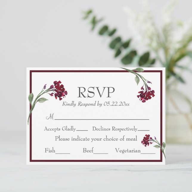 Burgundy Floral Elegant Rustique Aquarelle RSVP (Debout devant)