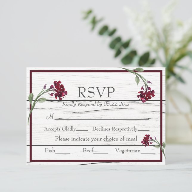 Burgundy Floral Elegant Rustique Aquarelle RSVP (Debout devant)