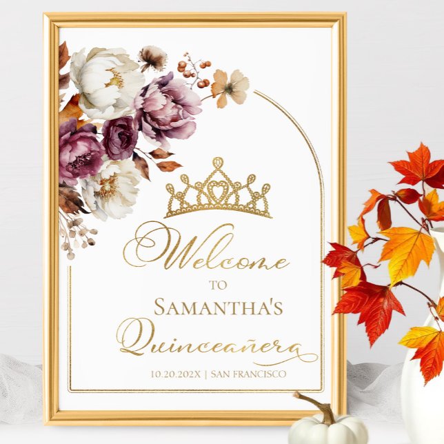 Burgundy Floral Fall Quinceanera Affiche de bienve (Créateur téléchargé)