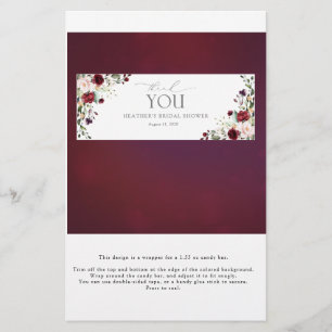 Burgundy Floral Fête des mariées Candy Bar Wrapper