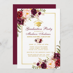 Burgundy Floral Gold Invitation du groupe de gradu
