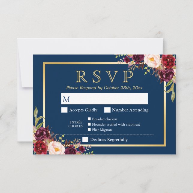 Burgundy Floral Gold Navy Blue Repas Options RSVP (Devant)