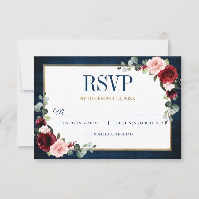 Burgundy Floral Gold Navy Blue Rustic Wedding RSVP (Devant)