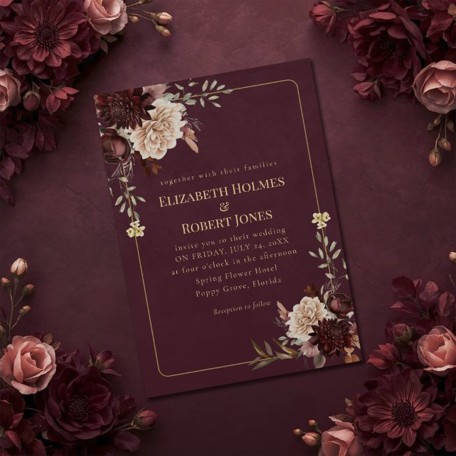 Burgundy Floral Gothic Wedding Invitation (Burgundy Floral Gothic Wedding Invitation on a burgundy gothic wedding table with flowers.)