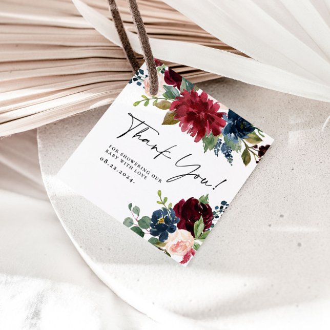 Burgundy Floral Merci Baby shower Étiquettes cadea (Créateur téléchargé)