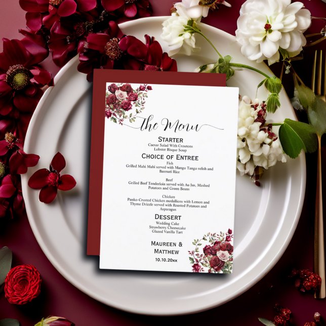 Burgundy Floral Modern Script 5x7'' Menu Mariage (Créateur téléchargé)