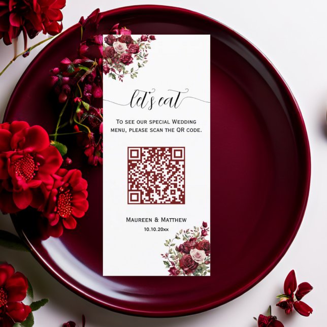 Burgundy Floral Moderne QR Code 4x9'' Menu Mariage (Créateur téléchargé)