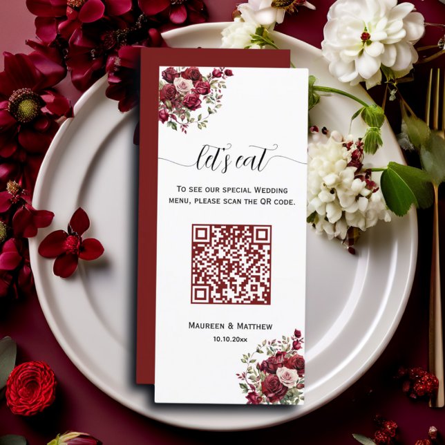 Burgundy Floral Moderne QR Code 4x9'' Menu Mariage (Créateur téléchargé)