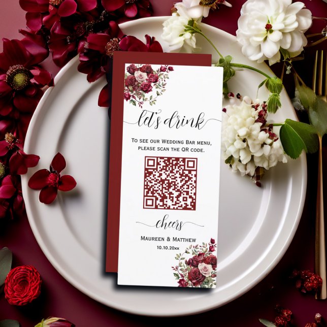 Burgundy Floral Moderne QR Code Barre Mariage Menu (Créateur téléchargé)