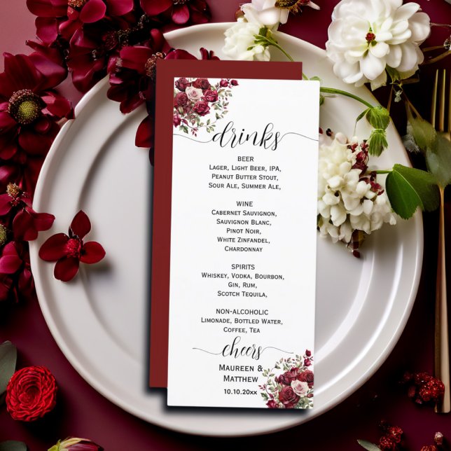 Burgundy Floral Moderne Script Mariage Bar Menu (Créateur téléchargé)