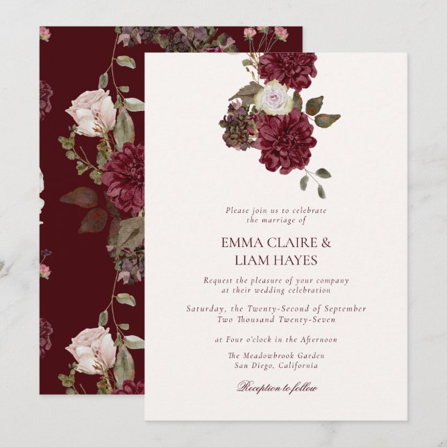 Burgundy Floral Old Money Wedding Invitation (Devant / Derrière)