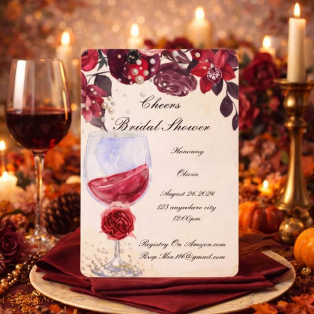 burgundy floral pearls bridal shower invitation (Créateur téléchargé)