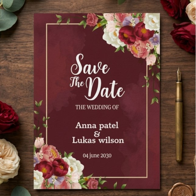  Burgundy Floral Save the Date Wedding Invitation (Créateur téléchargé)