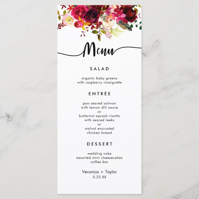 Burgundy Floral Simple 3 plats menu mariage (Devant)