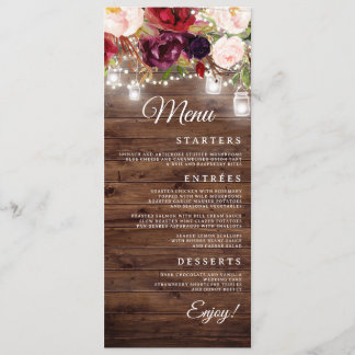 Burgundy Floral String Lights Menu Mariage Dîner