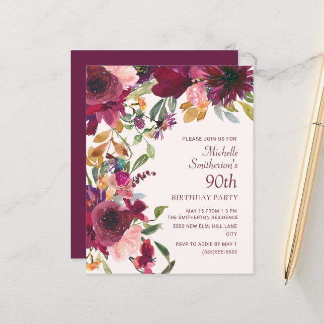 Burgundy Floral Violet 90e Anniversaire BUDGET (Devant/Arrière en situation)