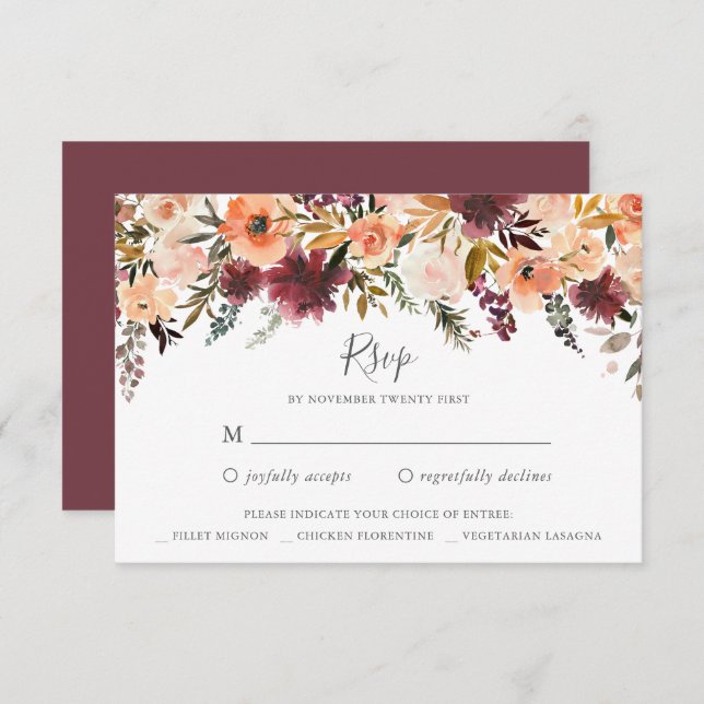 Burgundy Floral Wedding Carte de réponse RSVP (Devant / Derrière)
